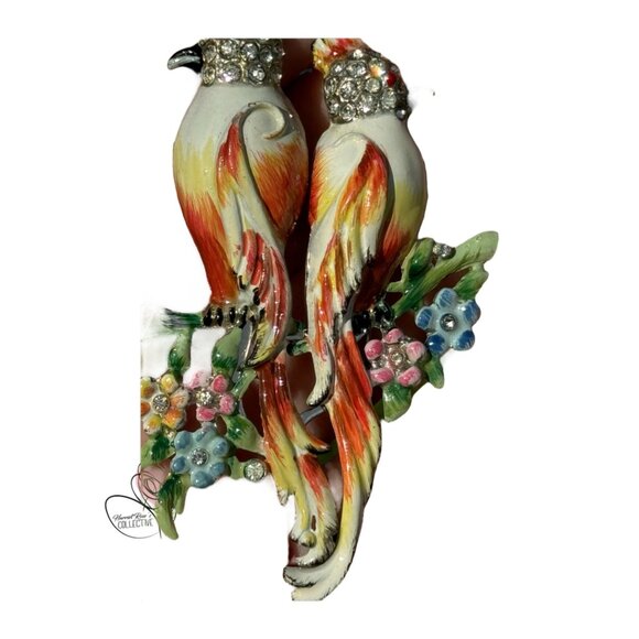 Vintage Coro Duette Brooch Pin Enameled Parrots & Rhinestones 1940s Jewelry - Picture 6 of 7